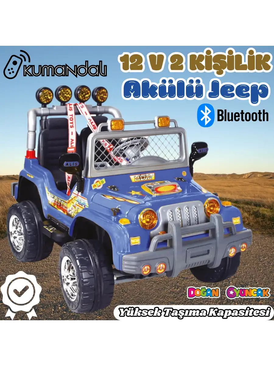 Kumandalı Çift Kişilik Mega Akülü Araba Mavi - 12 Volt İki Kişilik Akülü Araba Akülü JEEP - Mega Off Road Turbo Jeep