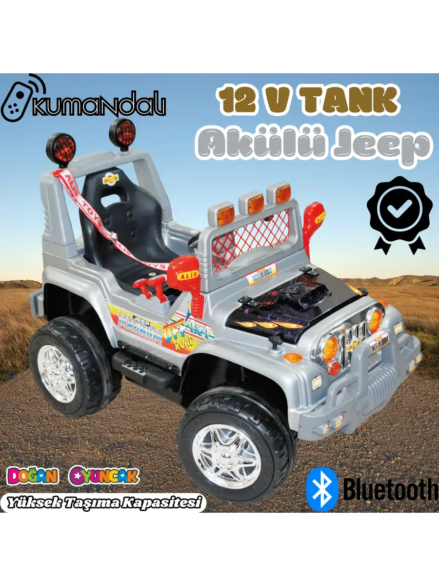 Kumandalı Mega Akülü Araba Gri - Kumandalı 12 Volt Tek Kişilik Akülü Araba Akülü JEEP - Mega Off Road Turbo Jeep