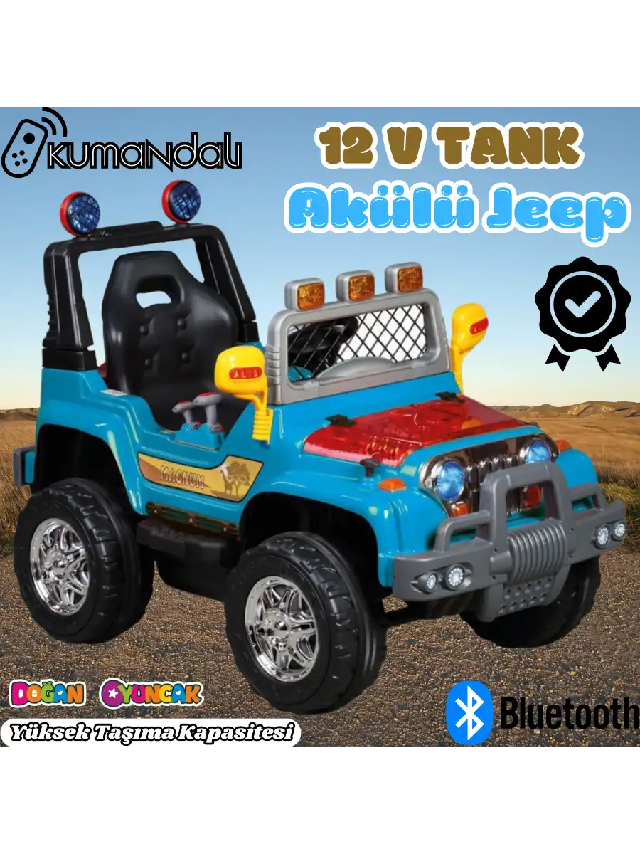Kumandalı Mega Akülü Araba Mavi - Kumandalı 12 Volt Tek Kişilik Akülü Araba Akülü JEEP - Mega Off Road Turbo Jeep