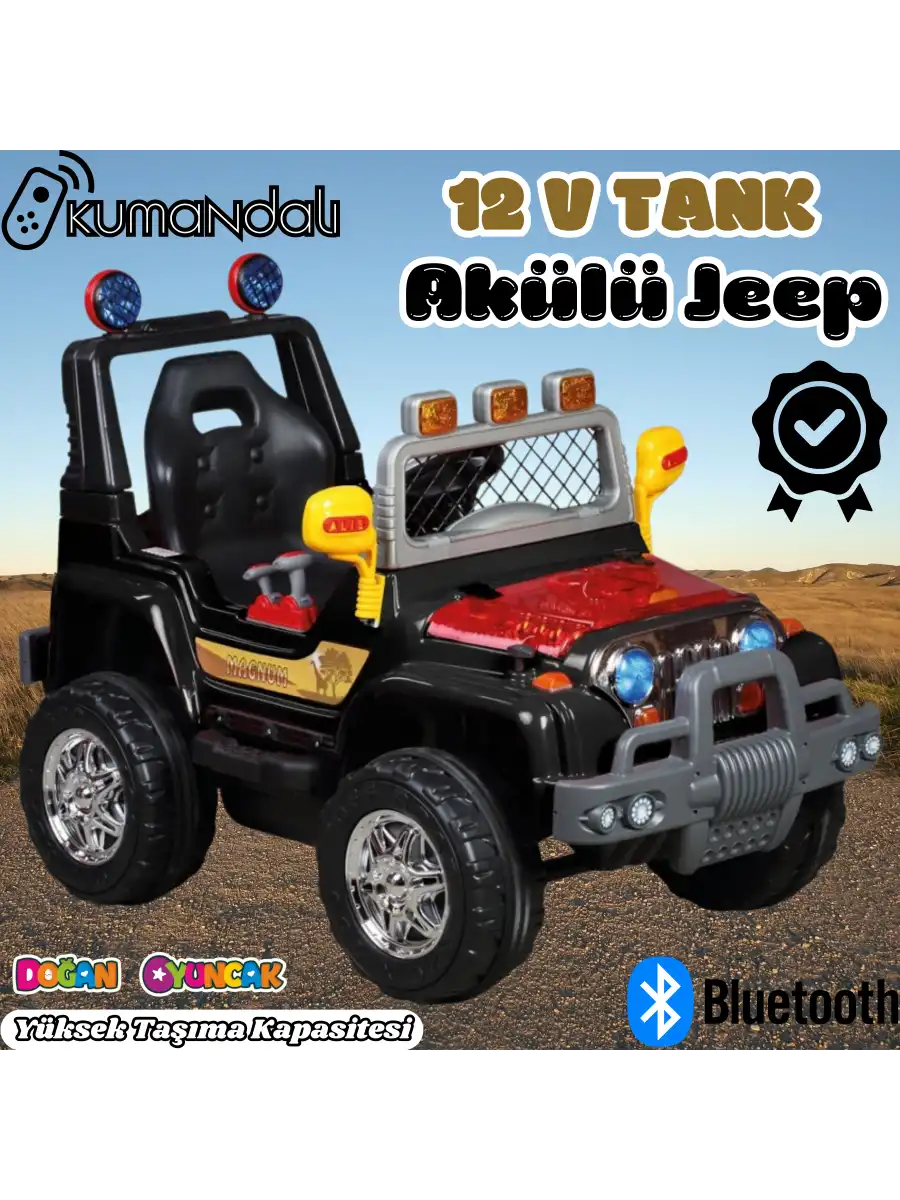 Kumandalı Mega Akülü Araba Siyah - Kumandalı 12 Volt Tek Kişilik Akülü Araba Akülü JEEP - Mega Off Road Turbo Jeep