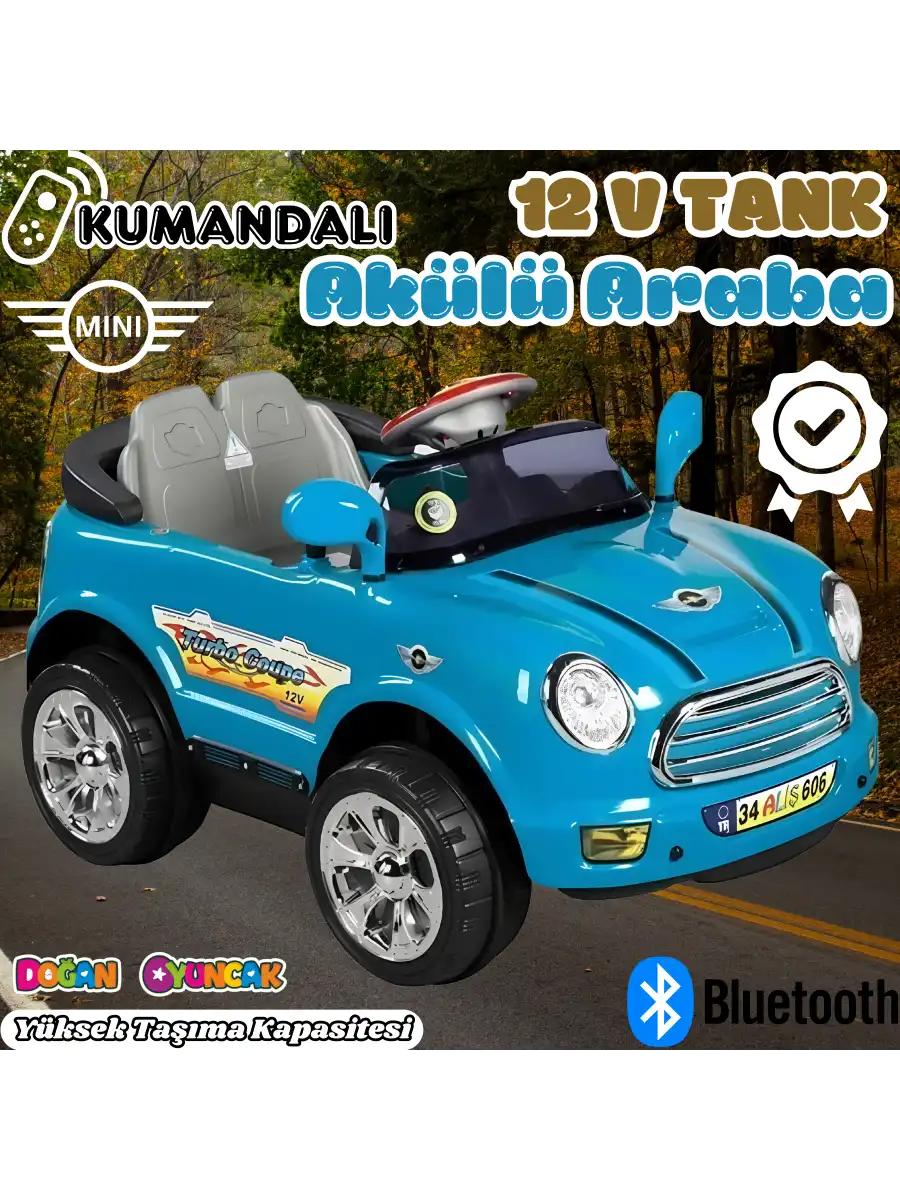 Kumandalı Mini Cooper Akülü Araba Mavi - Kumandalı 12 Volt Tek Kişilik Akülü Araba Akülü JEEP - Turbo Coupe Akülü Araba