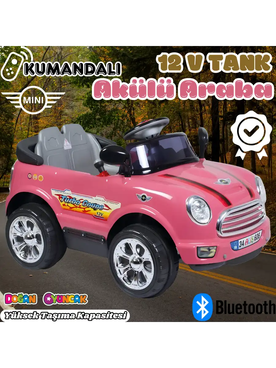 Kumandalı Mini Cooper Akülü Araba Pembe - Kumandalı 12 Volt Tek Kişilik Akülü Araba Akülü JEEP - Turbo Coupe Akülü Araba