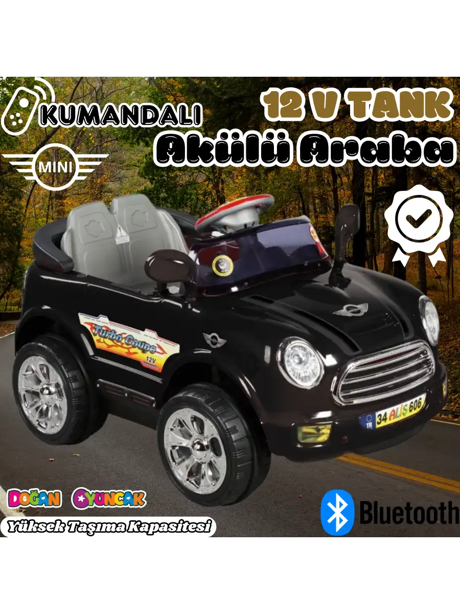 Kumandalı Mini Cooper Akülü Araba Siyah - Kumandalı 12 Volt Tek Kişilik Akülü Araba Akülü JEEP - Turbo Coupe Akülü Araba