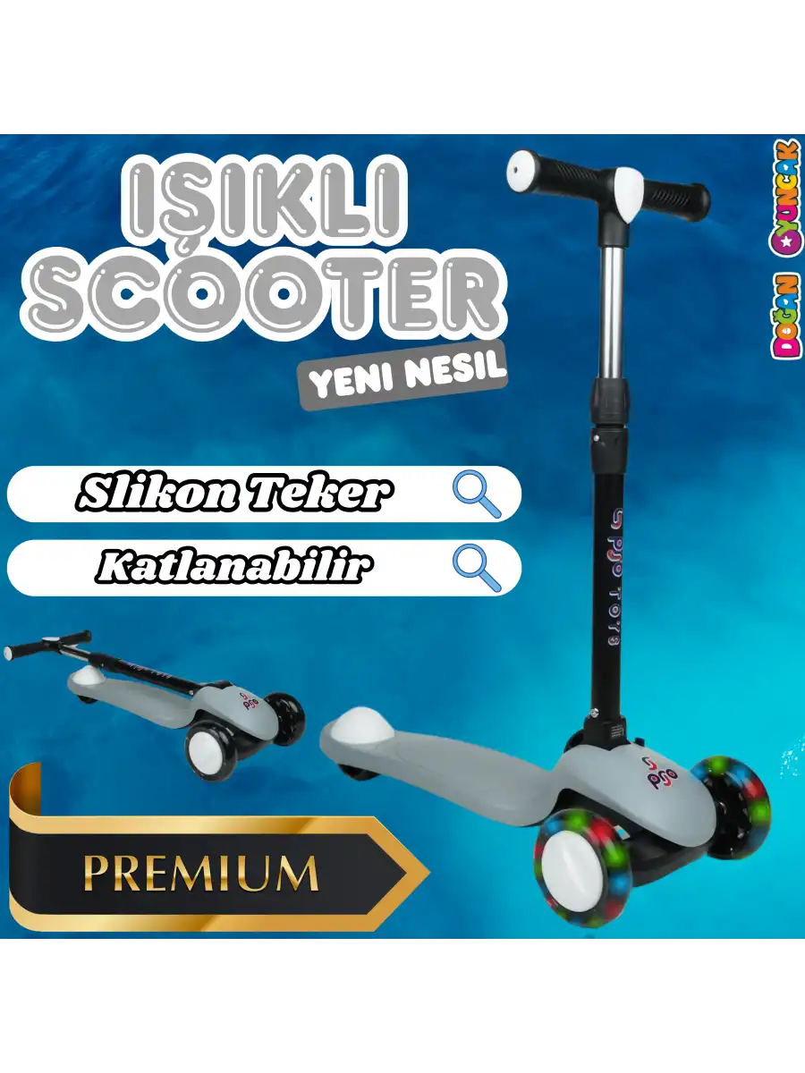 Lupa Katlanabilir Işıklı 3 Tekerlekli Gri Scooter - Işıklı Scooter - Slikon Teker Scooter - Çocuk Scooter - İttir Git
