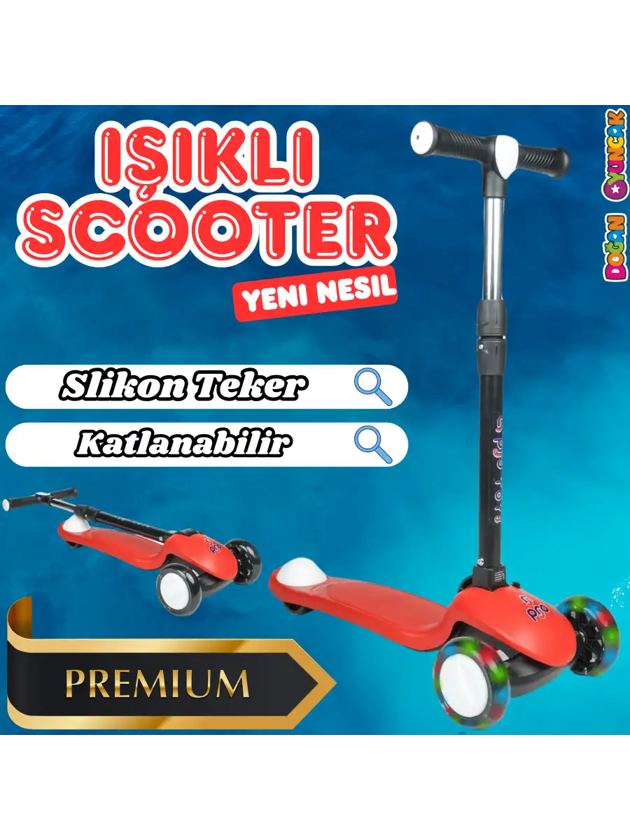 Lupa Katlanabilir Işıklı 3 Tekerlekli Kırmızı Scooter - Işıklı Scooter - Slikon Teker Scooter - Çocuk Scooter - İttir Git