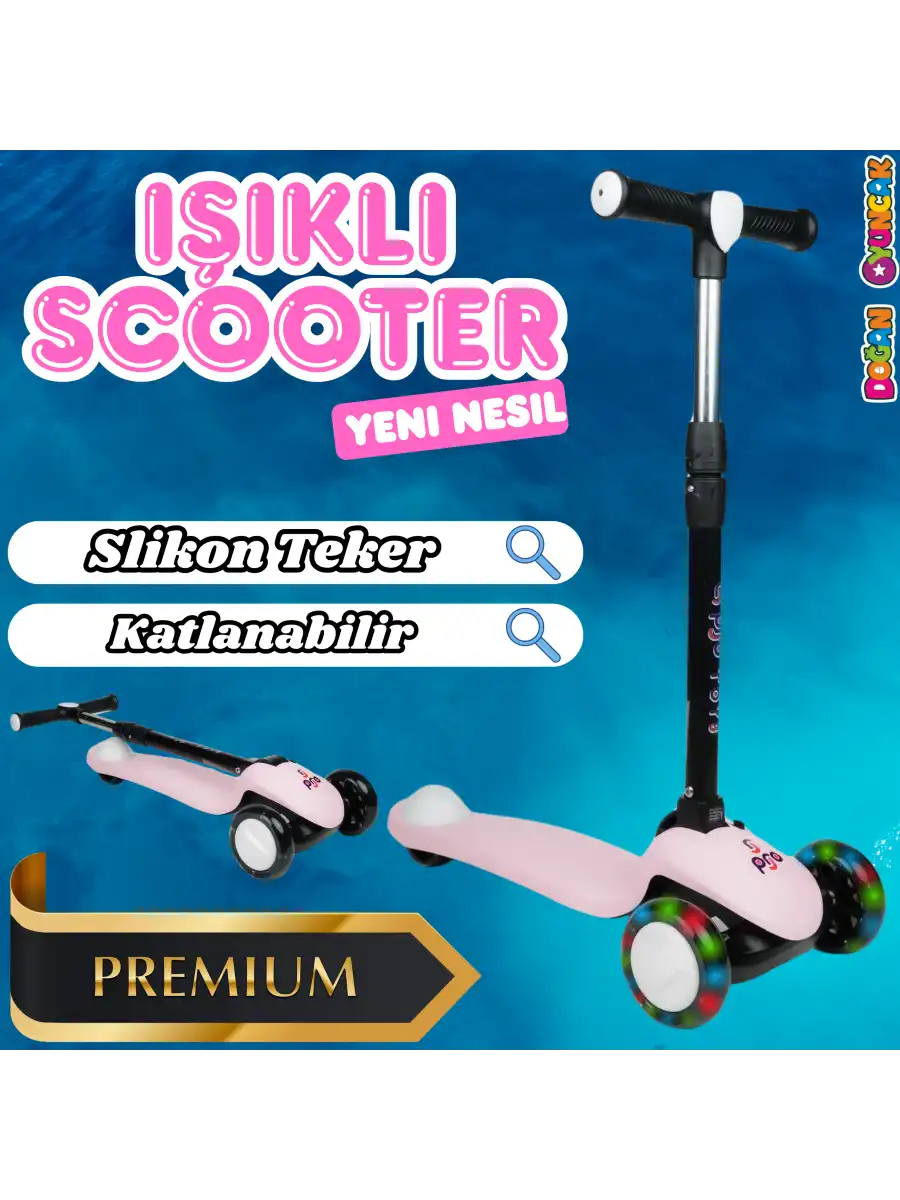 Lupa Katlanabilir Işıklı 3 Tekerlekli Pembe Scooter - Işıklı Scooter - Slikon Teker Scooter - Çocuk Scooter - İttir Git