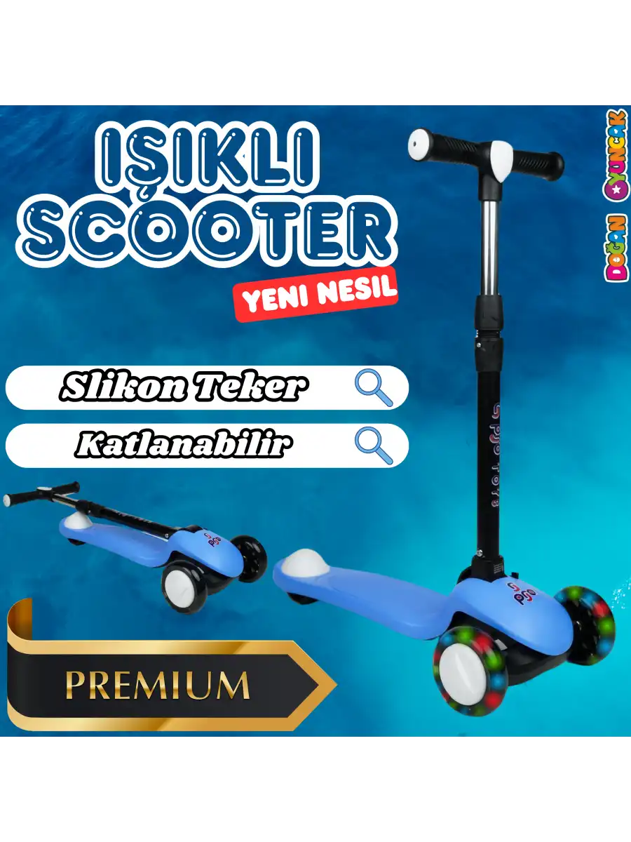 Lupa Katlanabilir Işıklı 3 Tekerlekli Mavi Scooter - Işıklı Scooter - Slikon Teker Scooter - Çocuk Scooter - İttir Git