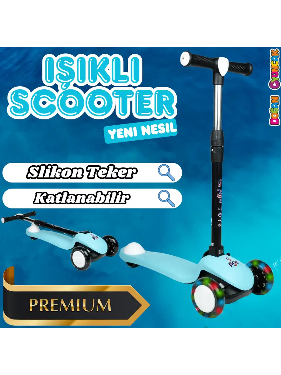 Lupa Katlanabilir Işıklı 3 Tekerlekli Turkuaz Scooter - Işıklı Scooter - Slikon Teker Scooter - Çocuk Scooter - İttir Git