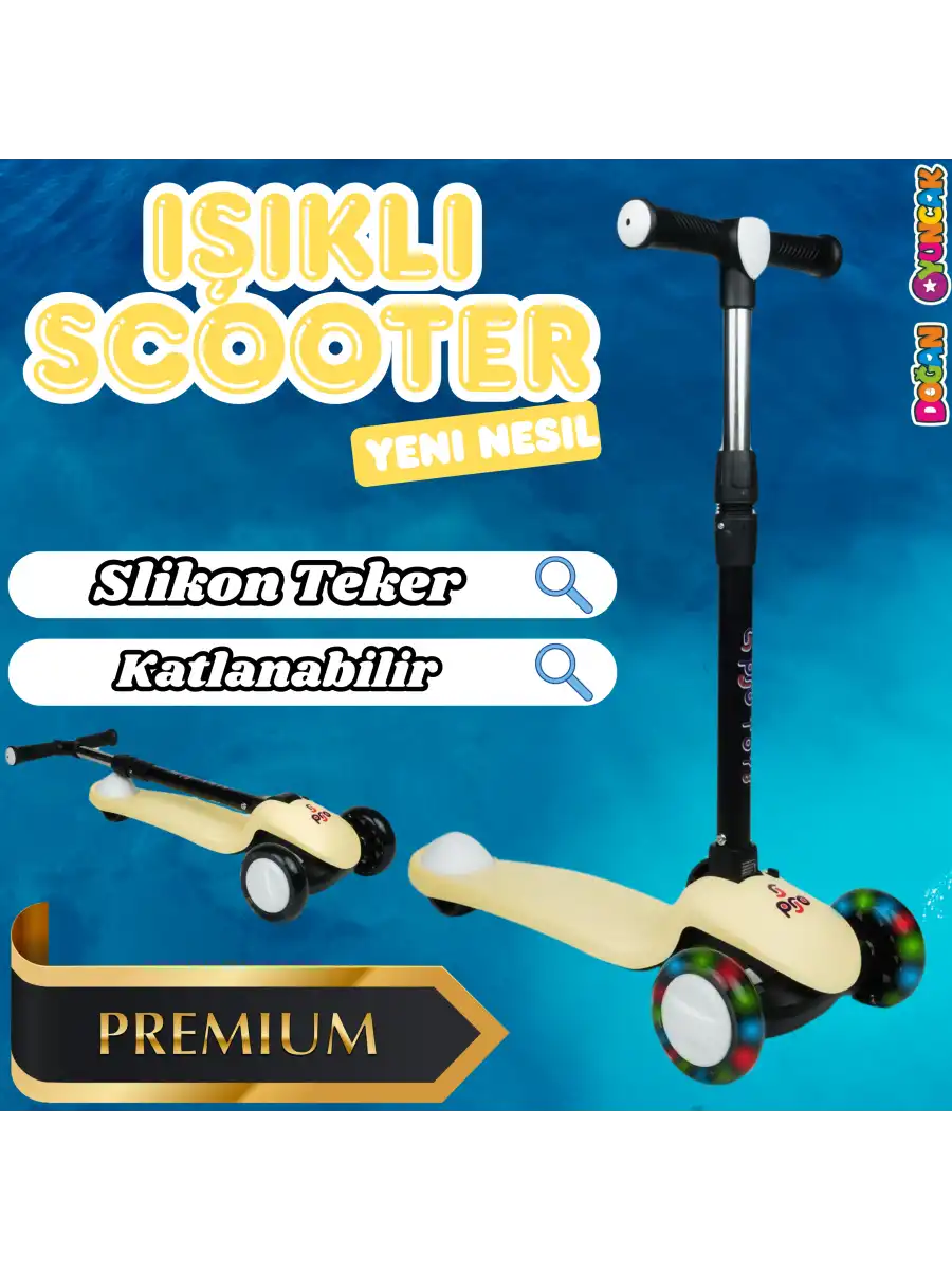 Lupa Katlanabilir Işıklı 3 Tekerlekli Sarı Scooter - Işıklı Scooter - Slikon Teker Scooter - Çocuk Scooter - İttir Git