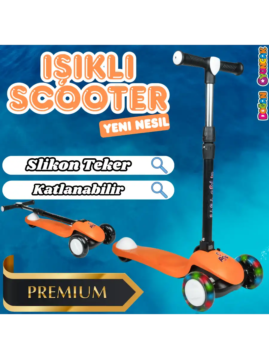 Lupa Katlanabilir Işıklı 3 Tekerlekli Turuncu Scooter - Işıklı Scooter - Slikon Teker Scooter - Çocuk Scooter - İttir Git