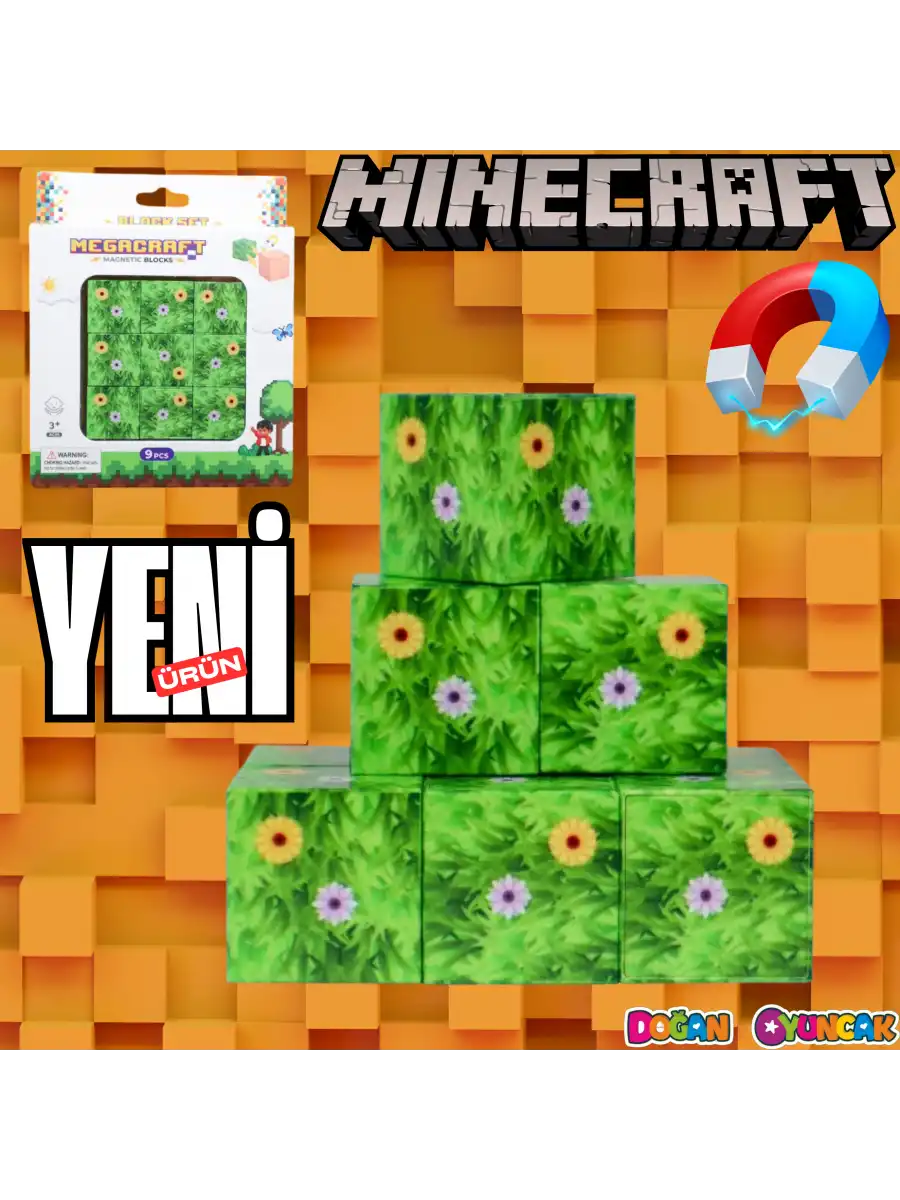 Minecraft Çiçekli Çim Desenli Blok Manyetik Lego Minecraft Manyetik Lego Minecraft Lego Megnetic Blocks