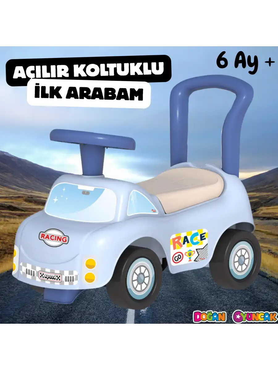 Sevimli İlk Arabam Mavi - Binmeli Araba İlk Arabam - Çocuk Arabası - İlk Adım Arabası - 4 Teker Araç