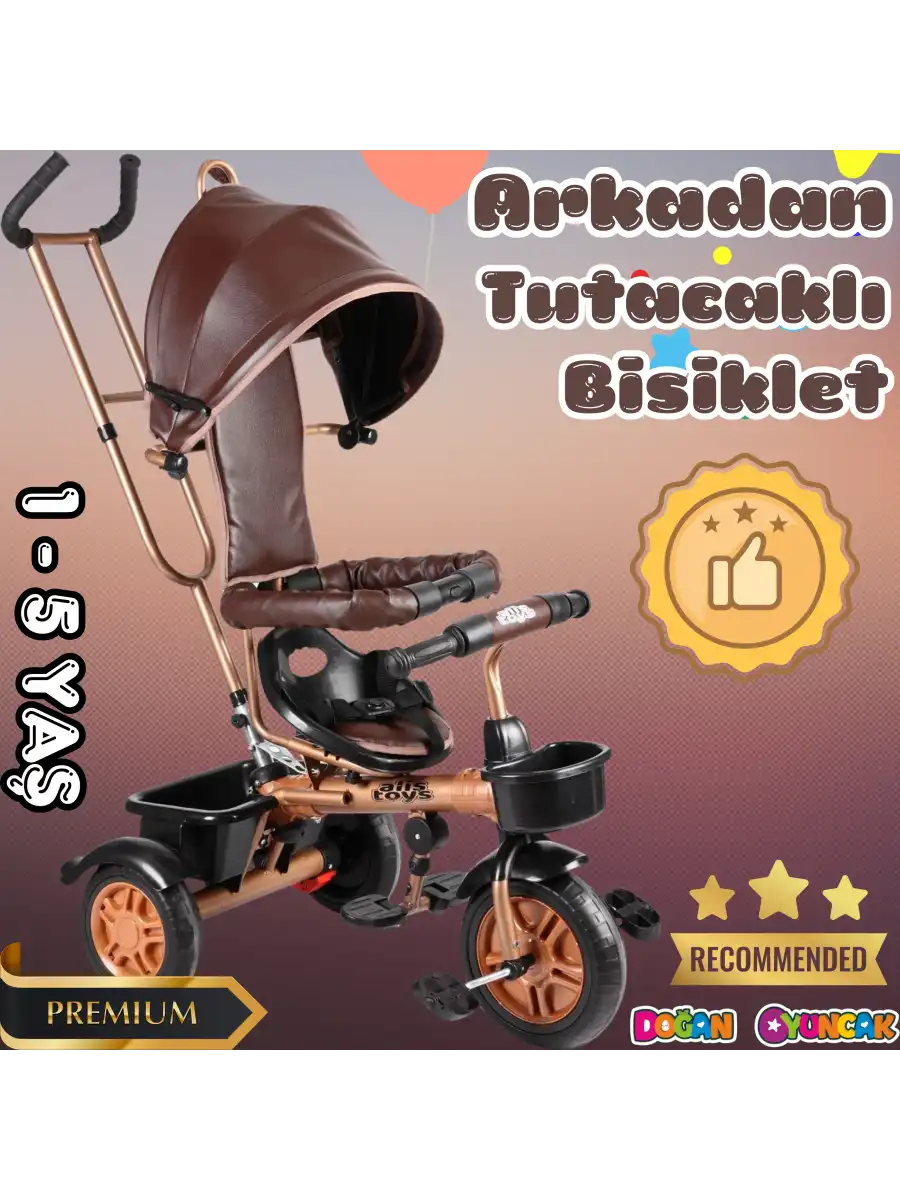 Sweet Gold Arkadan Tutacaklı Bisiklet Kahverengi - Üç Tekerli İtmeli Bisiklet - Ebeveyn Kontröllü Bisiklet Bebek Bisikleti