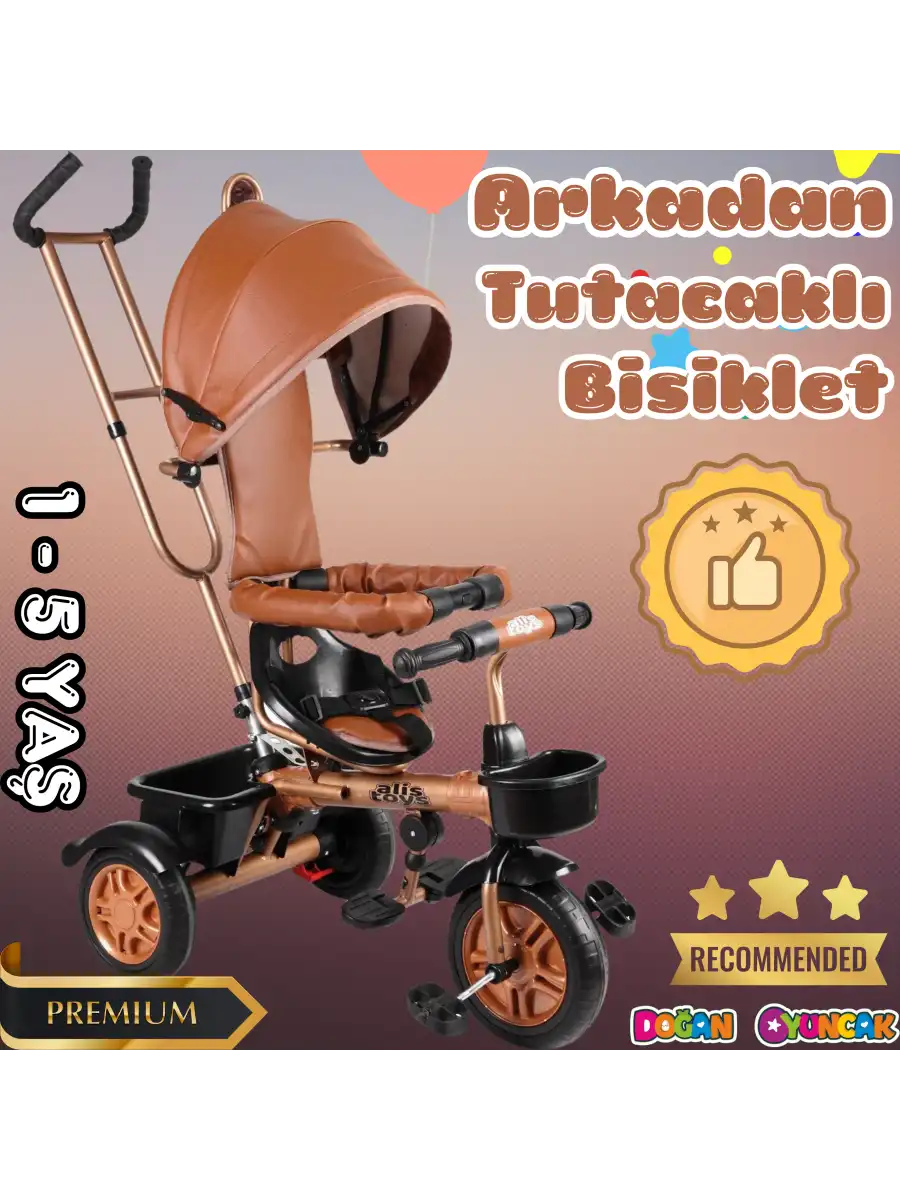 Sweet Gold Arkadan Tutacaklı Bisiklet Krem - Üç Tekerli İtmeli Bisiklet - Ebeveyn Kontröllü Bisiklet Bebek Bisikleti