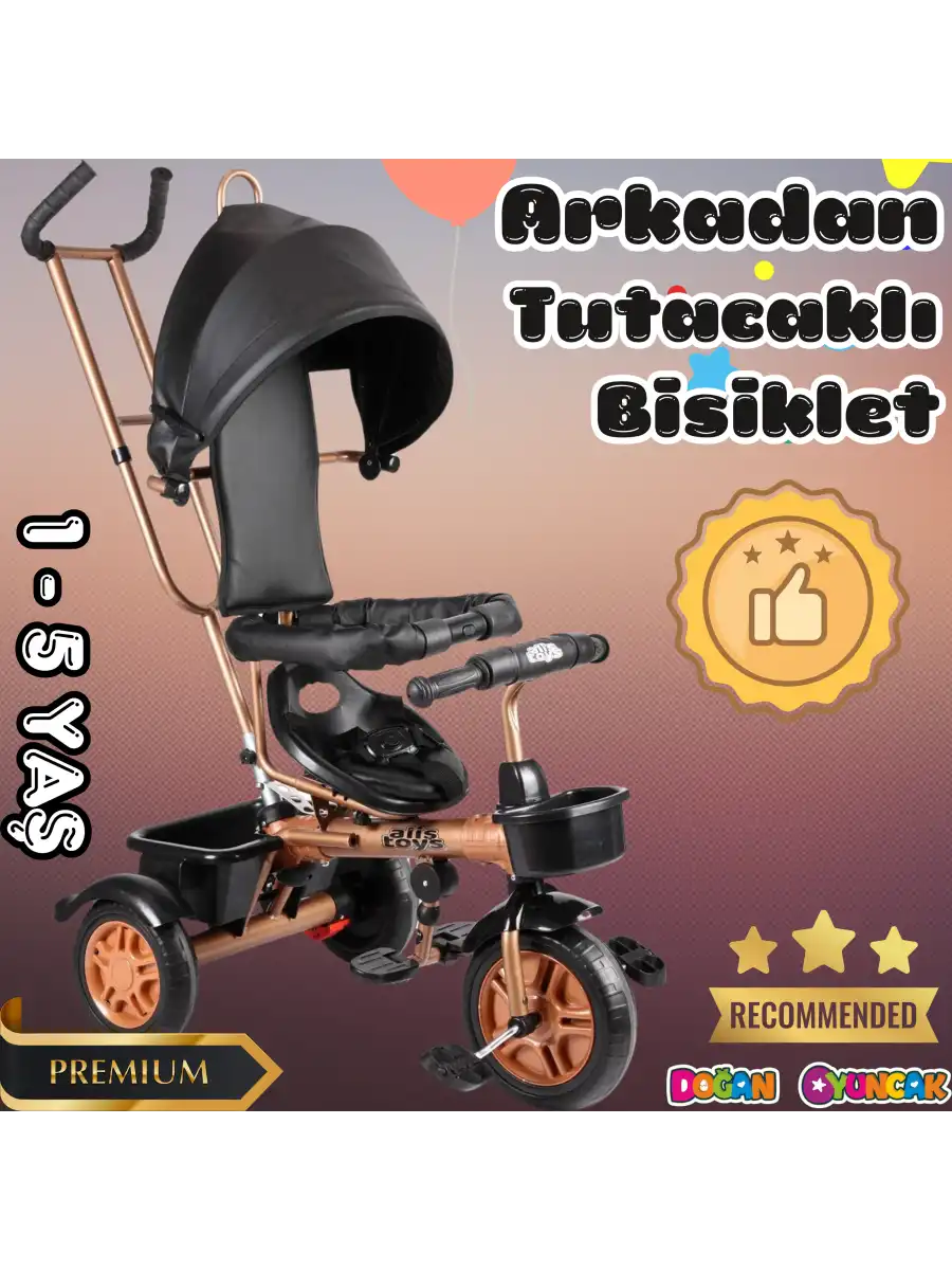 Sweet Gold Arkadan Tutacaklı Bisiklet Siyah - Üç Tekerli İtmeli Bisiklet - Ebeveyn Kontröllü Bisiklet Bebek Bisikleti