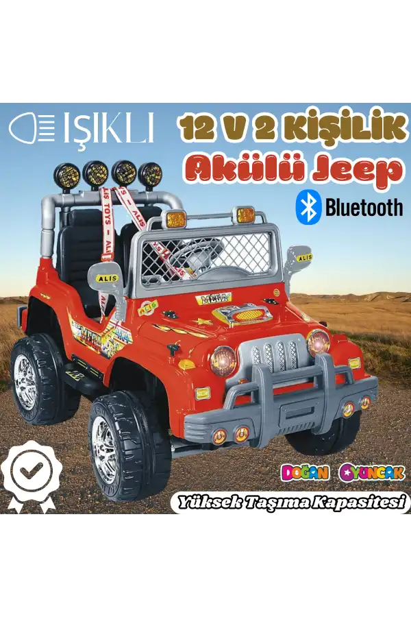 Çift Kişilik Mega Akülü Araba Kırmızı - 12 Volt İki Kişilik Akülü Araba Akülü JEEP - Mega Off Road Turbo Jeep