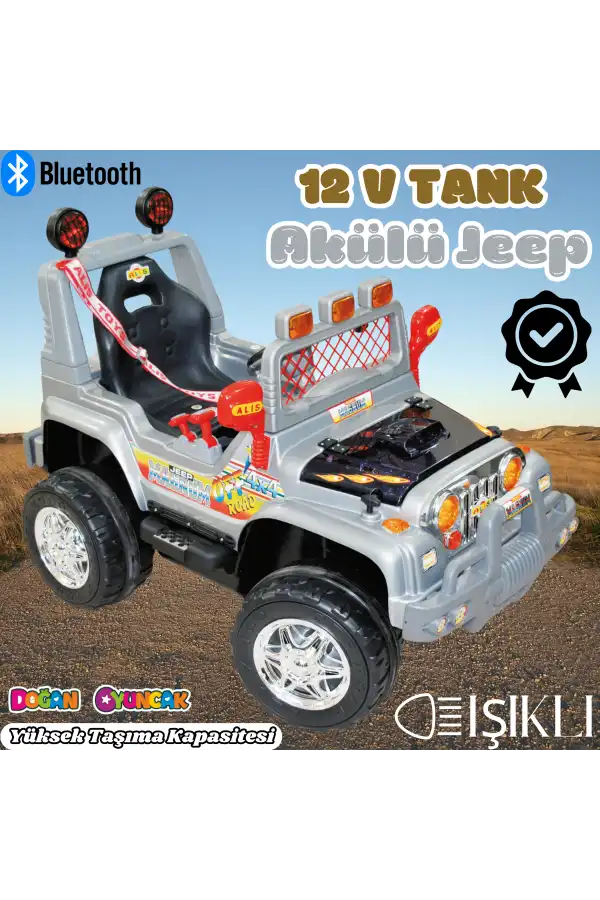 Işıklı Mega Akülü Araba Gri - 12 Volt Tek Kişilik Akülü Araba Akülü JEEP - Mega Off Road Turbo Jeep