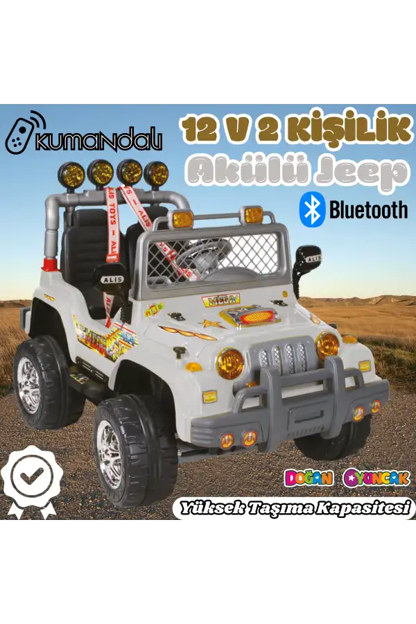 Kumandalı Çift Kişilik Mega Akülü Araba Gri - 12 Volt İki Kişilik Akülü Araba Akülü JEEP - Mega Off Road Turbo Jeep