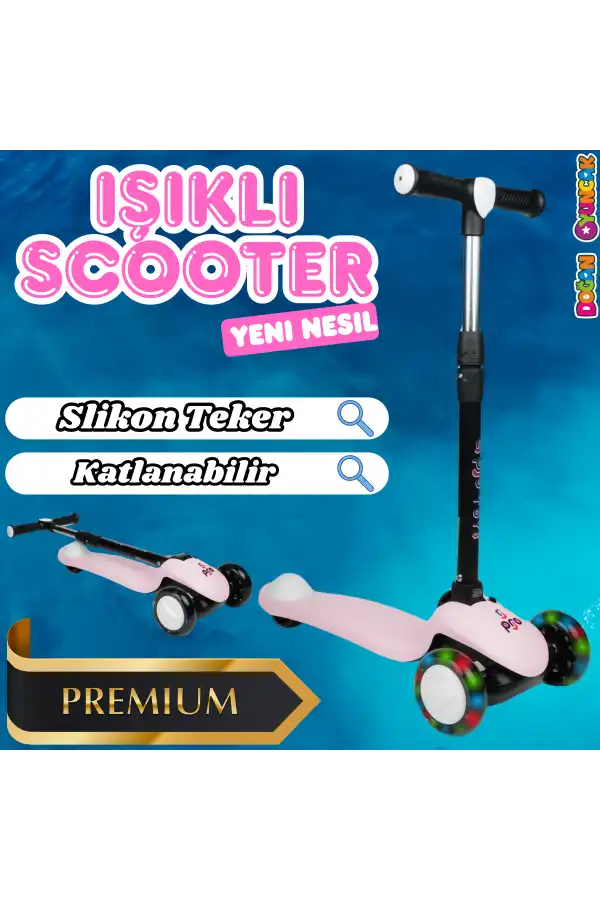 Lupa Katlanabilir Işıklı 3 Tekerlekli Pembe Scooter - Işıklı Scooter - Slikon Teker Scooter - Çocuk Scooter - İttir Git