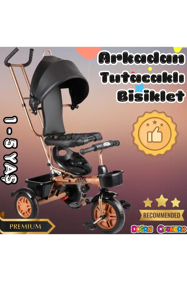 Sweet Gold Arkadan Tutacaklı Bisiklet Siyah - Üç Tekerli İtmeli Bisiklet - Ebeveyn Kontröllü Bisiklet Bebek Bisikleti