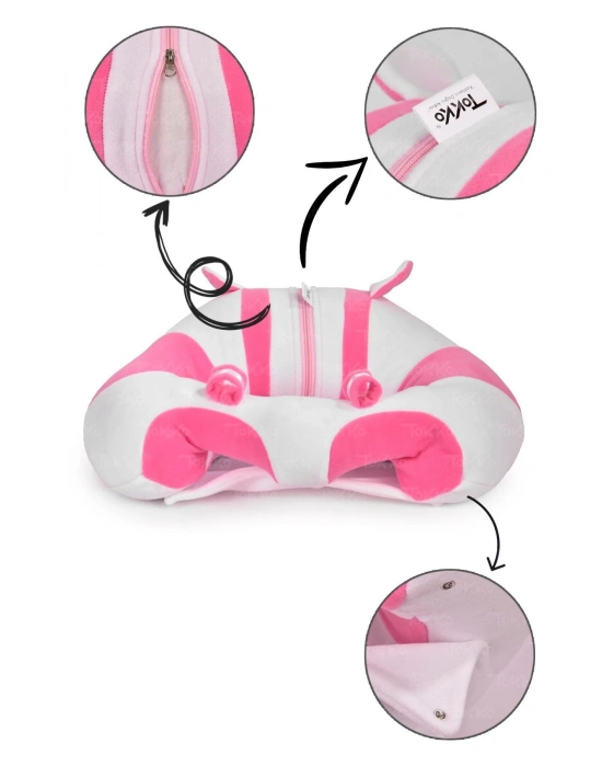 Elyaf Dolgu Bebek Oturma Destek Minderi - Devrilmez Bebek Koltuğu - Büyük Bebek Oturağı Beyaz Pembe