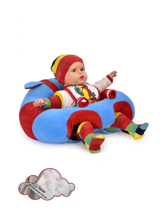 Elyaf Dolgu Bebek Oturma Destek Minderi - Devrilmez Bebek Koltuğu - Büyük Bebek Oturağı Bordo Mavi