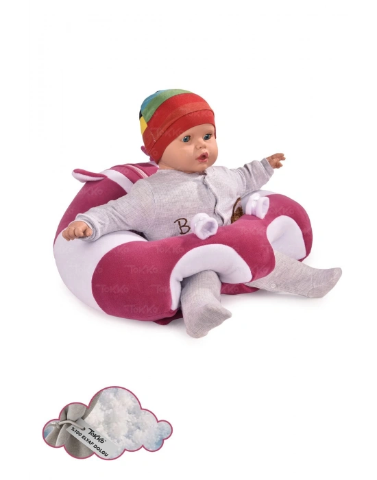 Elyaf Dolgu Bebek Oturma Destek Minderi - Devrilmez Bebek Koltuğu - Büyük Bebek Oturağı Fuşya Beyaz