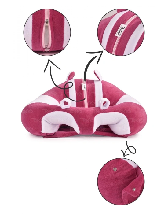 Elyaf Dolgu Bebek Oturma Destek Minderi - Devrilmez Bebek Koltuğu - Büyük Bebek Oturağı Fuşya Beyaz