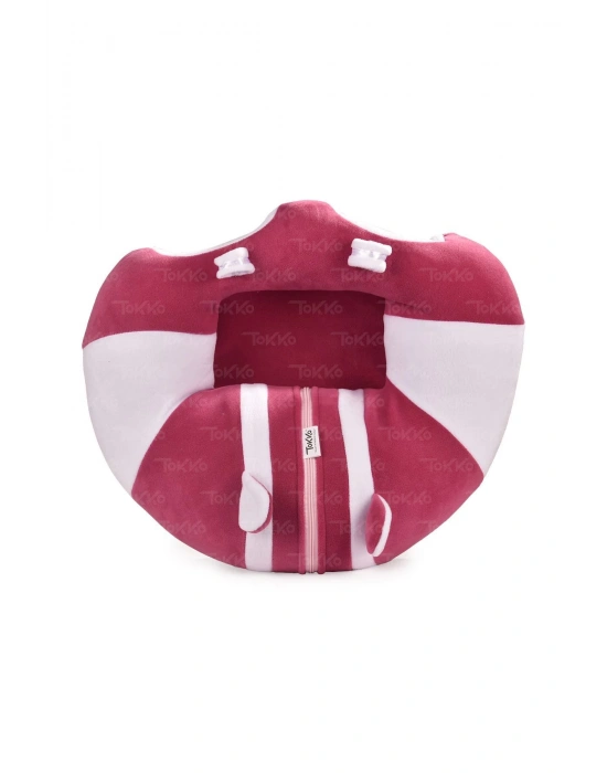 Elyaf Dolgu Bebek Oturma Destek Minderi - Devrilmez Bebek Koltuğu - Büyük Bebek Oturağı Fuşya Beyaz