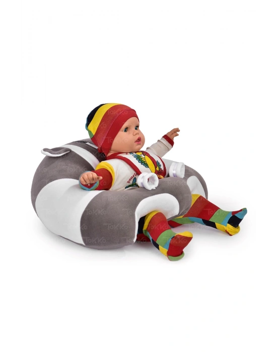 Elyaf Dolgu Bebek Oturma Destek Minderi - Devrilmez Bebek Koltuğu - Büyük Bebek Oturağı Gri Beyaz