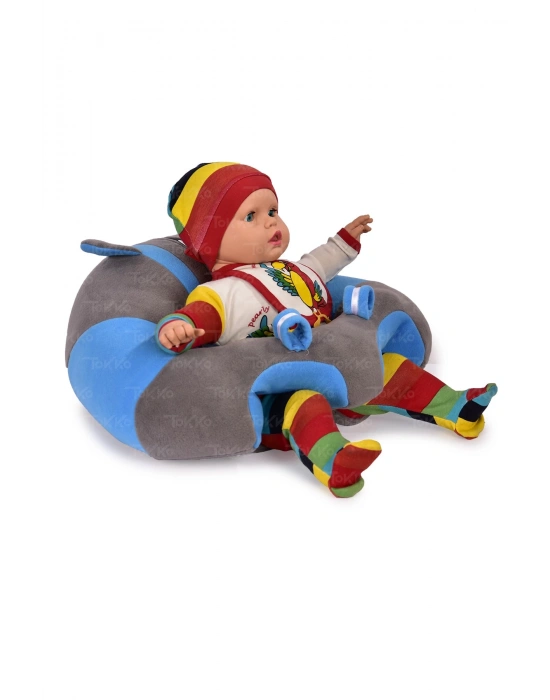 Elyaf Dolgu Bebek Oturma Destek Minderi - Devrilmez Bebek Koltuğu - Büyük Bebek Oturağı Gri Mavi