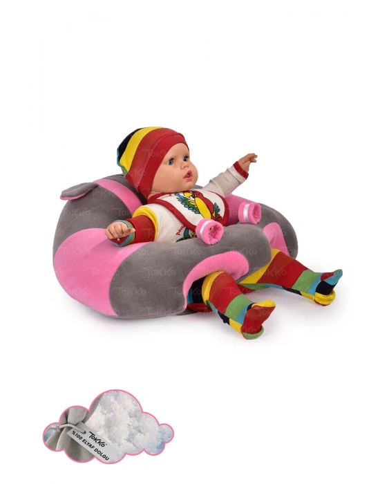 Elyaf Dolgu Bebek Oturma Destek Minderi - Devrilmez Bebek Koltuğu - Büyük Bebek Oturağı Gri Pembe