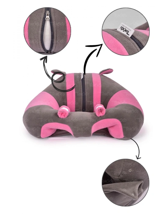 Elyaf Dolgu Bebek Oturma Destek Minderi - Devrilmez Bebek Koltuğu - Büyük Bebek Oturağı Gri Pembe