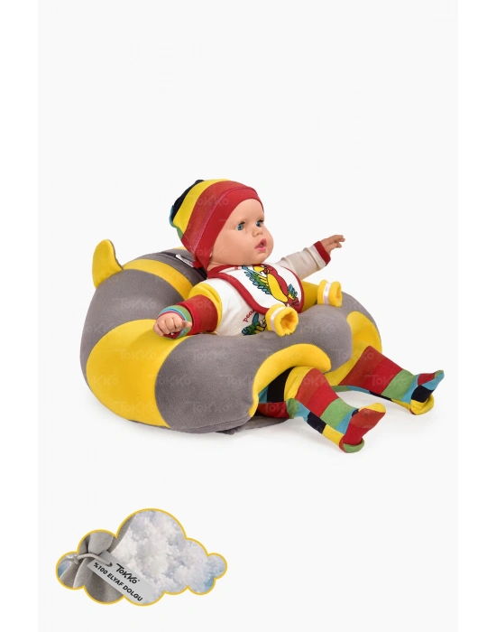 Elyaf Dolgu Bebek Oturma Destek Minderi - Devrilmez Bebek Koltuğu - Büyük Bebek Oturağı Gri Sarı