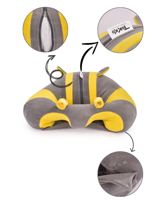 Elyaf Dolgu Bebek Oturma Destek Minderi - Devrilmez Bebek Koltuğu - Büyük Bebek Oturağı Gri Sarı