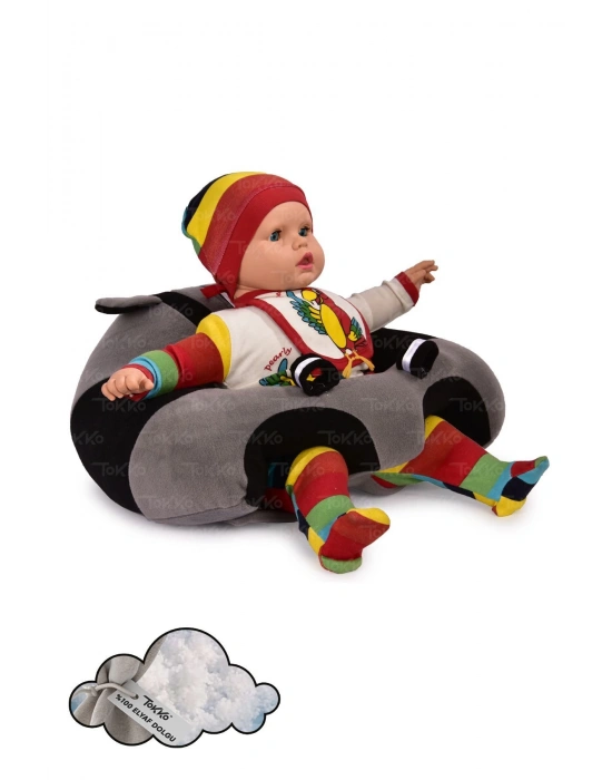 Elyaf Dolgu Bebek Oturma Destek Minderi - Devrilmez Bebek Koltuğu - Büyük Bebek Oturağı Gri Siyah