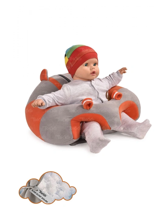 Elyaf Dolgu Bebek Oturma Destek Minderi - Devrilmez Bebek Koltuğu - Büyük Bebek Oturağı Gri Turuncu