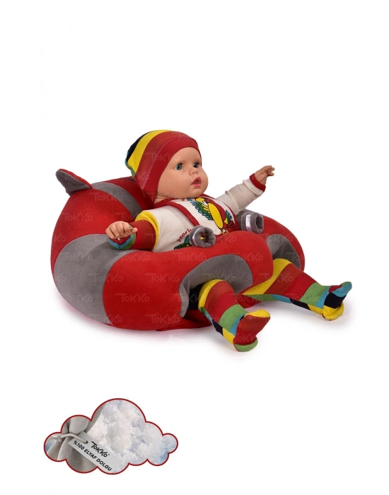 Elyaf Dolgu Bebek Oturma Destek Minderi - Devrilmez Bebek Koltuğu - Büyük Bebek Oturağı Kırmızı Gri