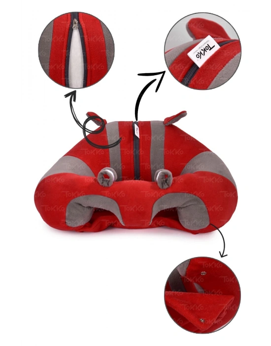 Elyaf Dolgu Bebek Oturma Destek Minderi - Devrilmez Bebek Koltuğu - Büyük Bebek Oturağı Kırmızı Gri