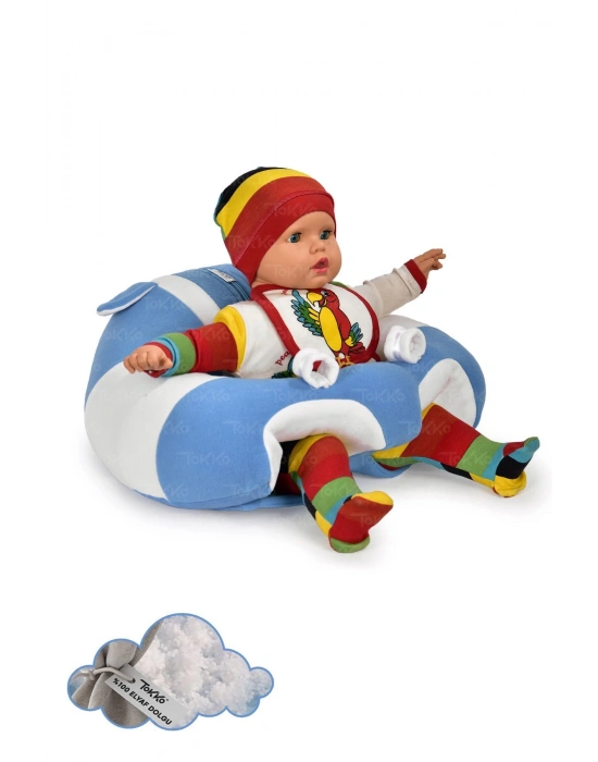 Elyaf Dolgu Bebek Oturma Destek Minderi - Devrilmez Bebek Koltuğu - Büyük Bebek Oturağı Mavi Beyaz