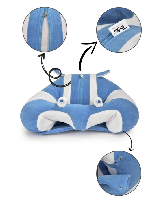 Elyaf Dolgu Bebek Oturma Destek Minderi - Devrilmez Bebek Koltuğu - Büyük Bebek Oturağı Mavi Beyaz