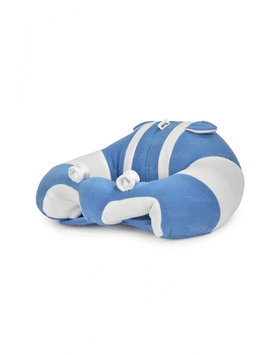 Elyaf Dolgu Bebek Oturma Destek Minderi - Devrilmez Bebek Koltuğu - Büyük Bebek Oturağı Mavi Beyaz