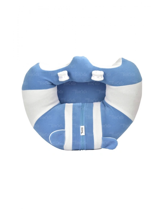 Elyaf Dolgu Bebek Oturma Destek Minderi - Devrilmez Bebek Koltuğu - Büyük Bebek Oturağı Mavi Beyaz