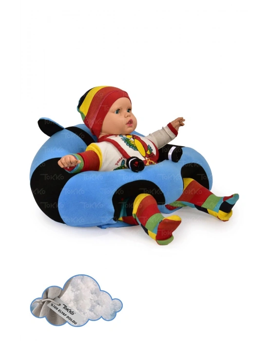 Elyaf Dolgu Bebek Oturma Destek Minderi - Devrilmez Bebek Koltuğu - Büyük Bebek Oturağı Mavi Siyah