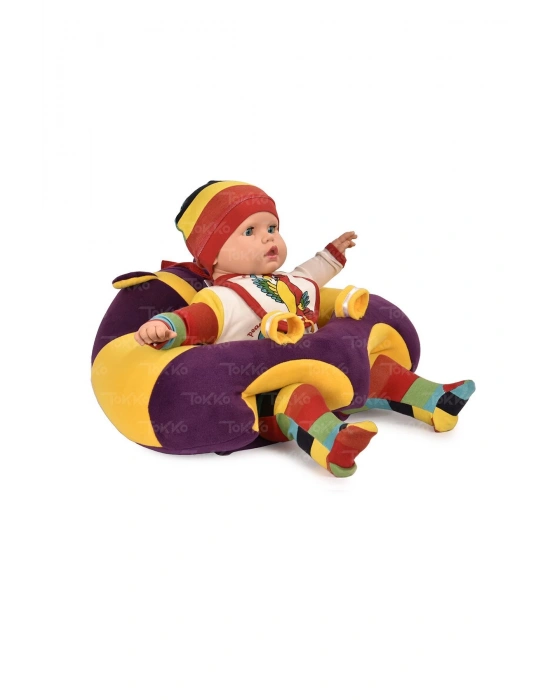 Elyaf Dolgu Bebek Oturma Destek Minderi - Devrilmez Bebek Koltuğu - Büyük Bebek Oturağı Mor Sarı