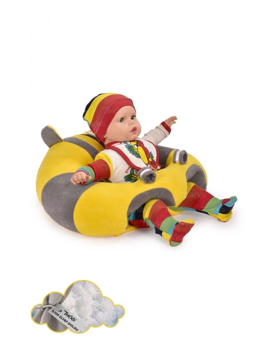 Elyaf Dolgu Bebek Oturma Destek Minderi - Devrilmez Bebek Koltuğu - Büyük Bebek Oturağı Sarı Gri