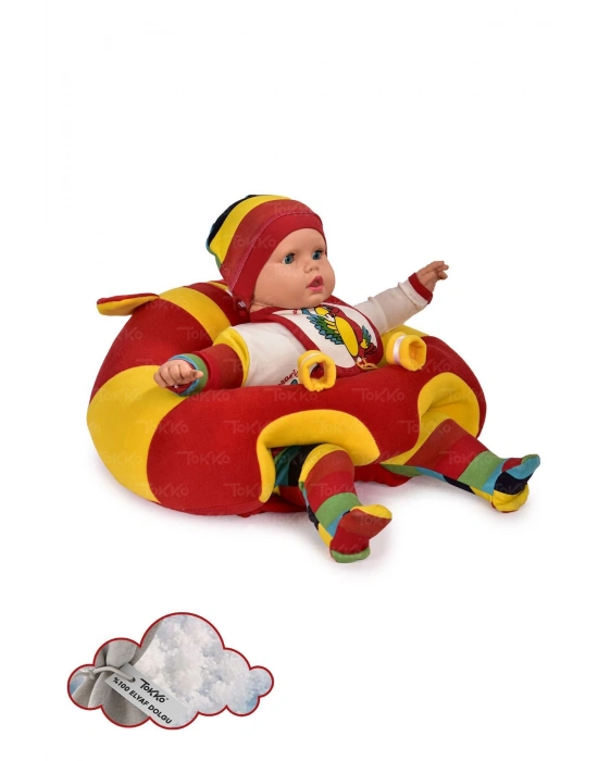 Elyaf Dolgu Bebek Oturma Destek Minderi - Devrilmez Bebek Koltuğu - Büyük Bebek Oturağı Sarı Kırmızı