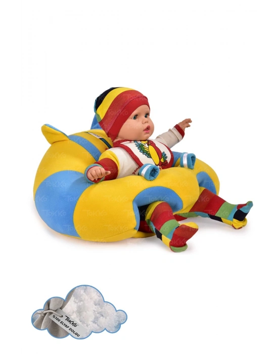 Elyaf Dolgu Bebek Oturma Destek Minderi - Devrilmez Bebek Koltuğu - Büyük Bebek Oturağı Sarı Mavi