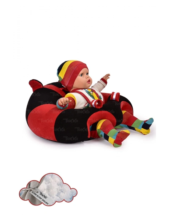 Elyaf Dolgu Bebek Oturma Destek Minderi- Devrilmez Bebek Koltuğu - Büyük Bebek Oturağı Siyah Kırmızı