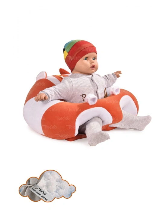 Elyaf Dolgu Bebek Oturma Destek Minderi -Devrilmez Bebek Koltuğu - Büyük Bebek Oturağı Turuncu Beyaz